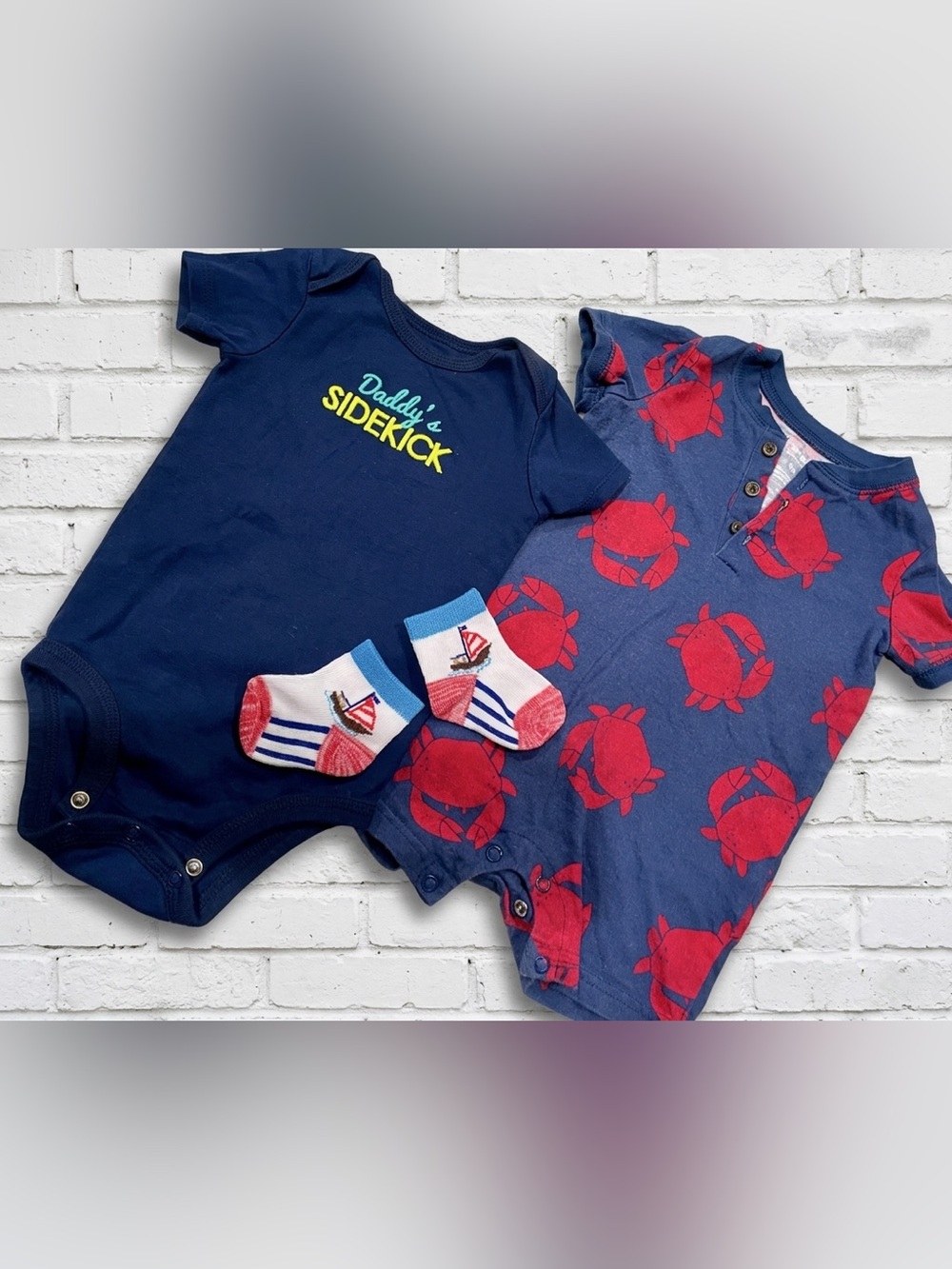 3PC Baby Boy Bundle 2 outfits Daddy's Sidekick Baby Onesie & CrabbyJumpsuit 6-9M
